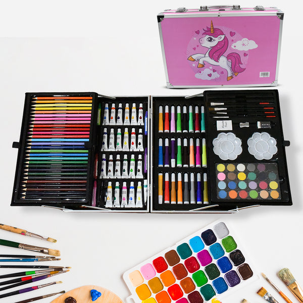 17980professional Art Set-drawing Painting Sketching Coloring Kids Set All In 1 Art Case Perfect For Kids With Unicorn Design Case Shading Crayons Oil Pastels Color Set Watercolor Cakes Paint Brush Sharpener Eraser (145 Pcs Set)