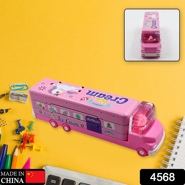 4568  Double Decker Magic Ice Cream Truck Compass Multi Level Metal Truck Compass Pencil Case With Movable Wheels  Sharpener